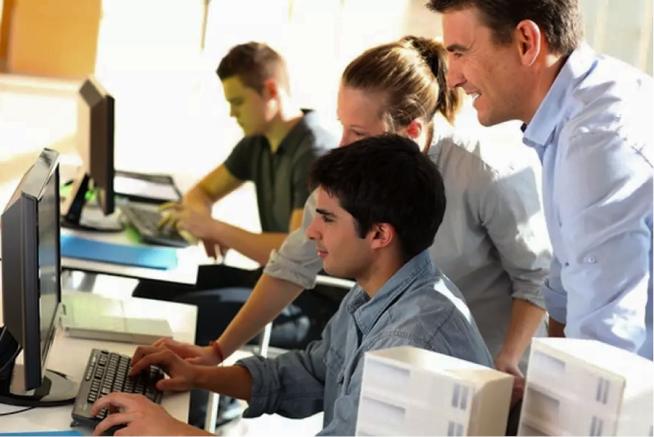 Grupo de estudiantes en prácticas trabajn en empresas con la ayuda de su mentor