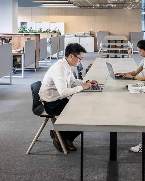 Alumnos de Gestión Administrativa en una oficina diáfana.
