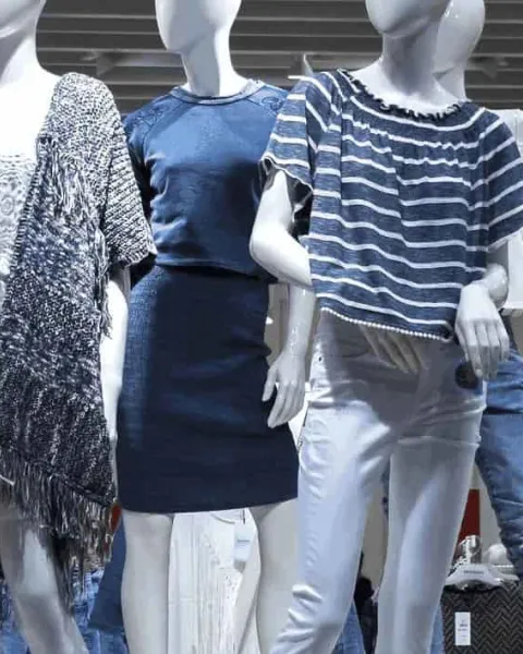 Un escaparate demuestra su buena colocación, organización y coherencia con maniquíes vestidos de azul y con estilo.