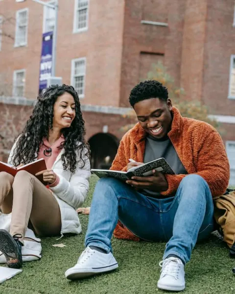 Jovenes Sentados Estudiando En El Campo De Hierba Verde