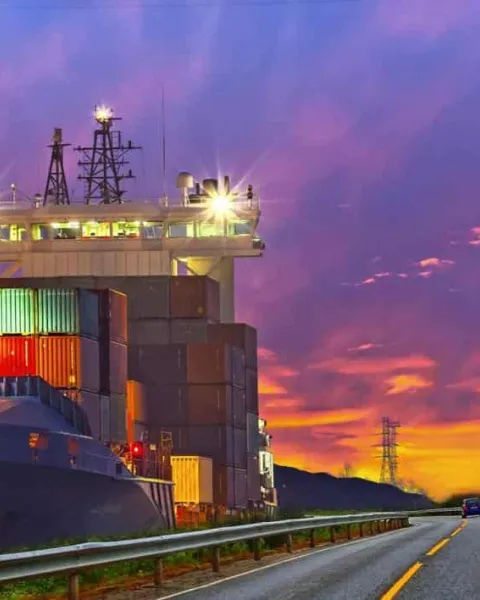 Puerto marítimo al lado de una carretera con transporte terrestre representan subsistemas logísticos. 