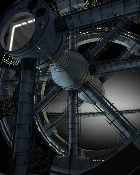 Imagen de estructura futurística en el espacio creada con una herramienta para Animación 3D.